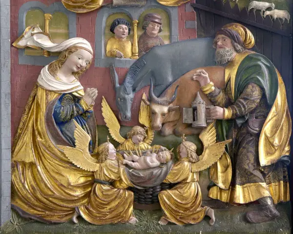 Detailreiche Darstellung der Geburt Jesu zu Weihnachten: Maria, Josef, Engel und Tiere um das Jesuskind.
