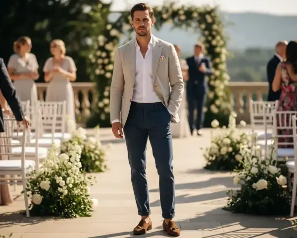 Elegancki mężczyzna w beżowym kolorze marynarki i granatowych spodniach stoi na tle ślubnej ceremonii.