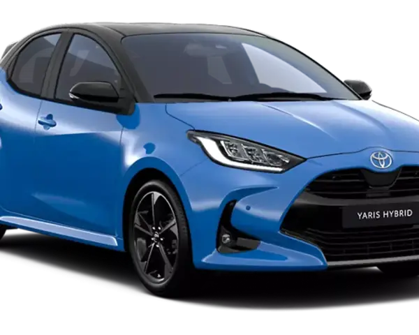 Niebieski Toyota Yaris Hybrid z czarnym dachem. Sprawdź aktualną toyota yaris cena i wybierz swój wymarzony samochód.