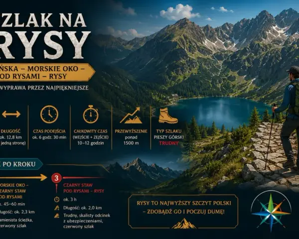 Wędrowiec na szlaku z widokiem na Morskie Oko i góry. Trasa prowadzi przez Palenicę Białczańską, Morskie Oko, Czarny Staw pod Rysami, aż na Rysy.