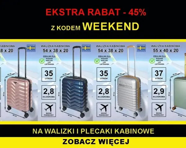 Walizki kabinowe idealne na bagaż podręczny Ryanair. Wymiary 54x38x20 cm, pojemność 35 litrów, waga 2,8 kg.
