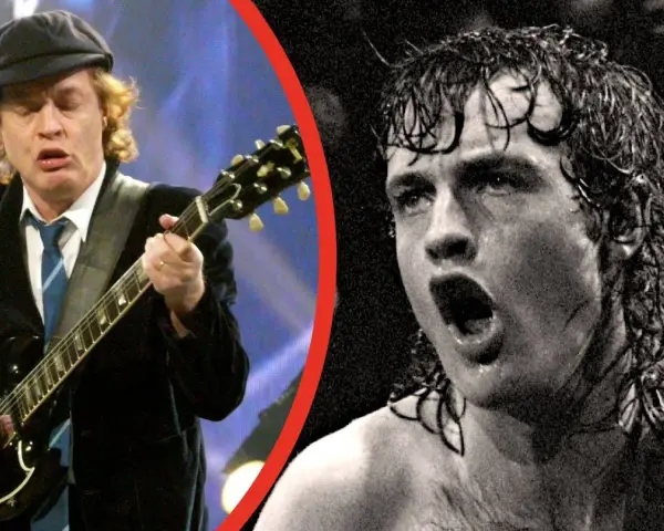 Gitarzysta AC/DC w czapce i krawacie gra na gitarze. Obok jego wizerunek z mokrymi włosami i otwartymi ustami.