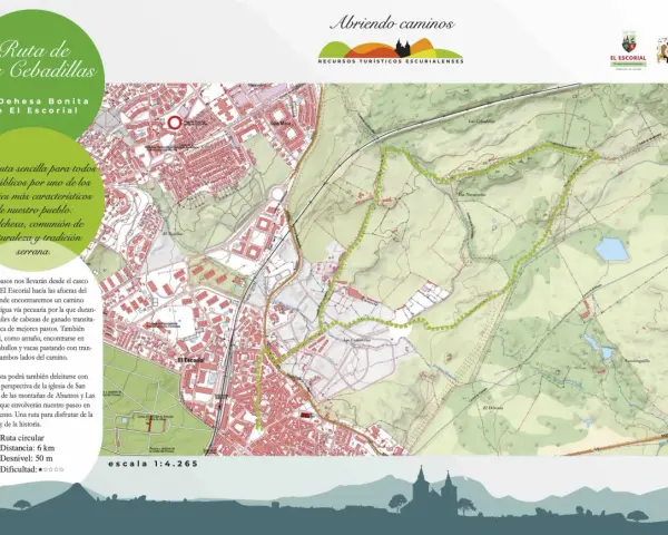 Mapa de rutas san lorenzo del escorial, destacando la "Ruta de Las Cebadillas" a través de la dehesa, un camino histórico para el ganado.