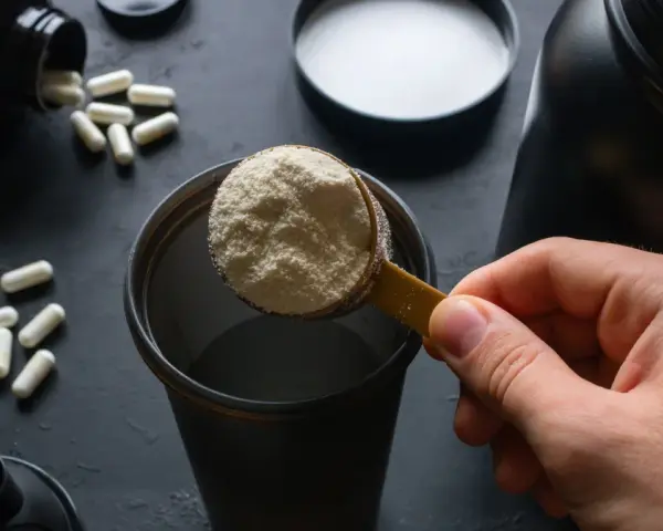 Łyżka białego proszku, czyli protein, trafia do shakera. Obok leżą kapsułki.