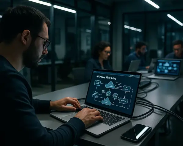 Ein Mann mit Brille tippt auf einem Laptop, auf dem ein Diagramm mit dem Titel "HTTP Keep Alive Turing" zu sehen ist. Er arbeitet daran, die Verbindung am Leben zu halten.