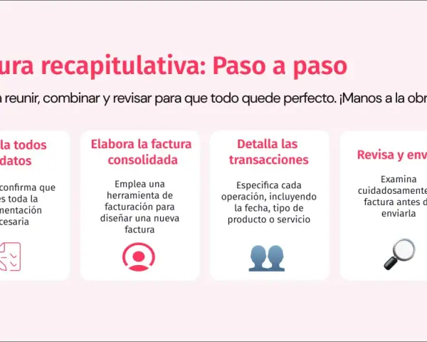 Proceso para crear una factura recapitulativa: compilar datos, elaborar factura consolidada, detallar transacciones y revisar antes de enviar.