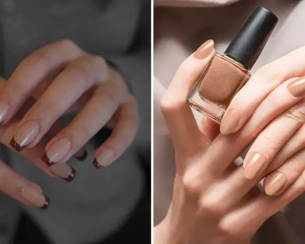 Dwie propozycje delikatnych paznokci na jesień: klasyczny french z bordową końcówką i beżowy manicure z błyszczącym lakierem.