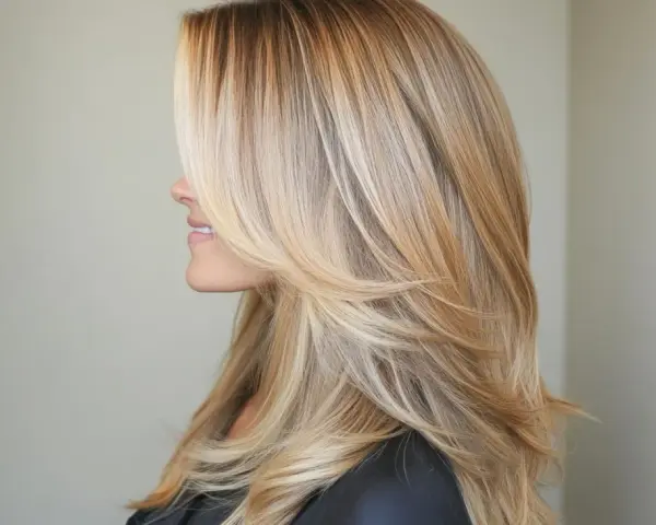 Kobieta z pięknymi, warstwowymi włosami w odcieniu ombre blond.