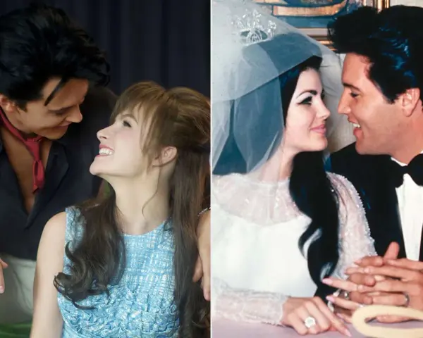 Kadr z filmu o Elvisie: Austin Butler jako młody Elvis i Priscilla Presley, obok ujęcie z ich ślubu.