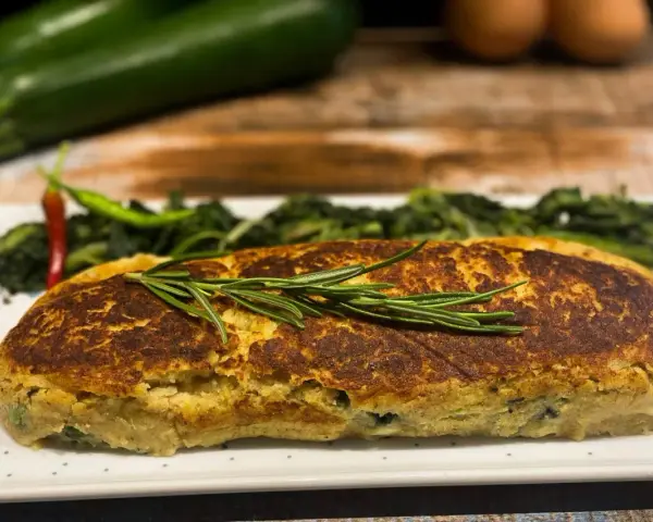 Polpettone di verdure dorato, guarnito con rosmarino, servito con contorno di verdure verdi e peperoncino.