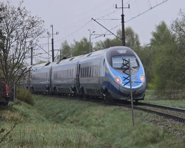Srebrno-niebieski pociąg Pendolino jedzie po torach. W tle drzewa i słupy trakcyjne. Może to opóźnienie pociągu zwrot?