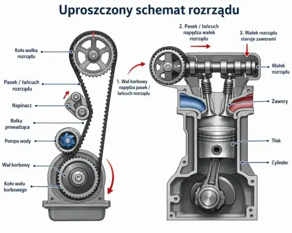Schemat silnika z rozrządem DOHC. Pasek napędza wałek rozrządu, który steruje zaworami. Wał korbowy napędza pasek.