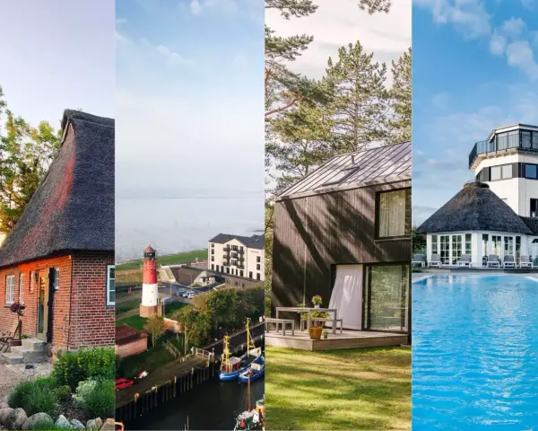 Entdecken Sie besondere Hotels Norddeutschland: Reetdachhaus, Leuchtturm, moderne Architektur und Pool.