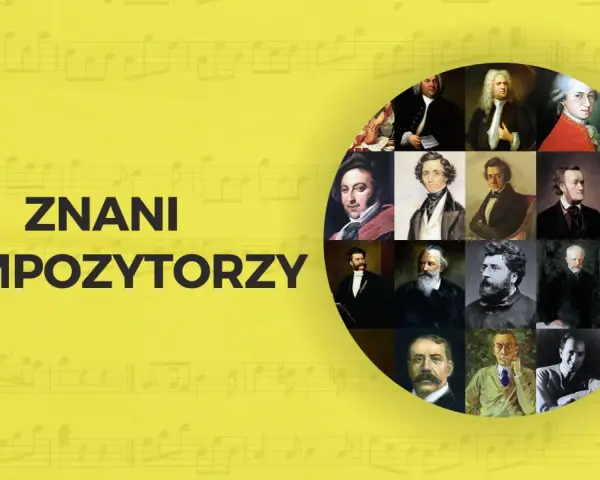 Kolaż portretów znanych kompozytorów muzyki klasycznej, od Bacha po współczesnych twórców.