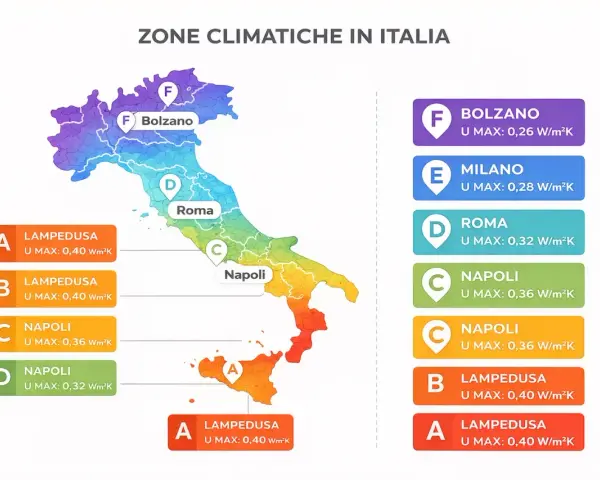 Mappa delle zone climatiche italiane con indicazione della trasmittanza cappotto termico massima consentita per ogni zona, da F (Bolzano) ad A (Lampedusa).