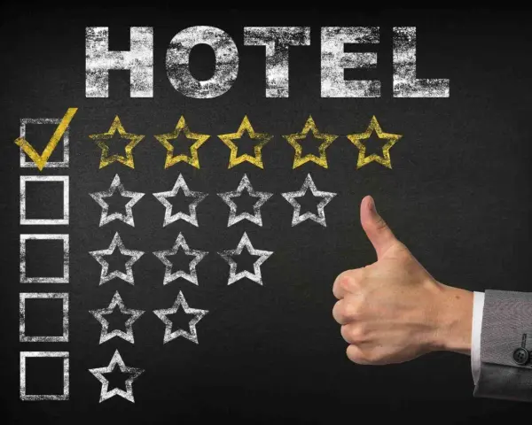 Ocena hotelu: zaznaczony pierwszy kwadrat i jedna złota gwiazdka. Kciuk w górę. Hotel zasługuje na wysokie gwiazdki.