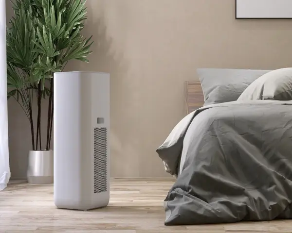 Un deumidificatore di notte, accanto a una pianta e un letto, crea un ambiente confortevole e salubre.