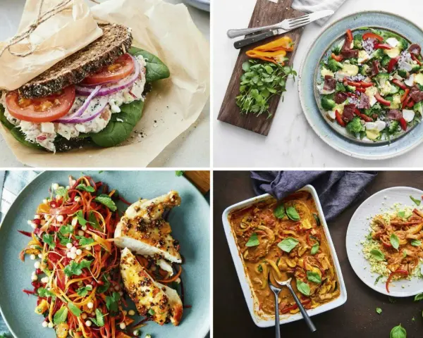 Fyra maträtter: smörgås, sallad, kyckling med grönsaker och gryta. Bra för att få ditt protein per kilo kroppsvikt.