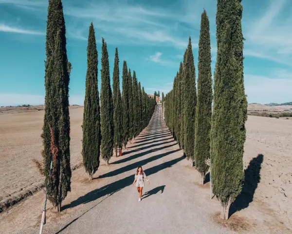 Una donna cammina lungo un viale di cipressi nel Val d'Orcia, Italia, sotto un cielo azzurro.