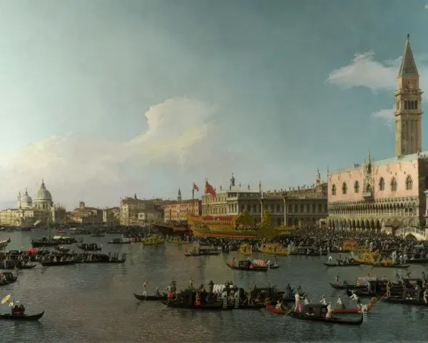 La Serenissima in festa: gondole e imbarcazioni affollano il bacino di San Marco, con il Palazzo Ducale e la Basilica a fare da sfondo a un tripudio di colori e vita.