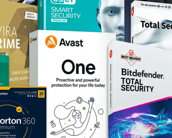Pudełka programów antywirusowych: Avira Prime, Kaspersky Total Security, Avast One, Bitdefender Total Security, Norton 360 Premium.