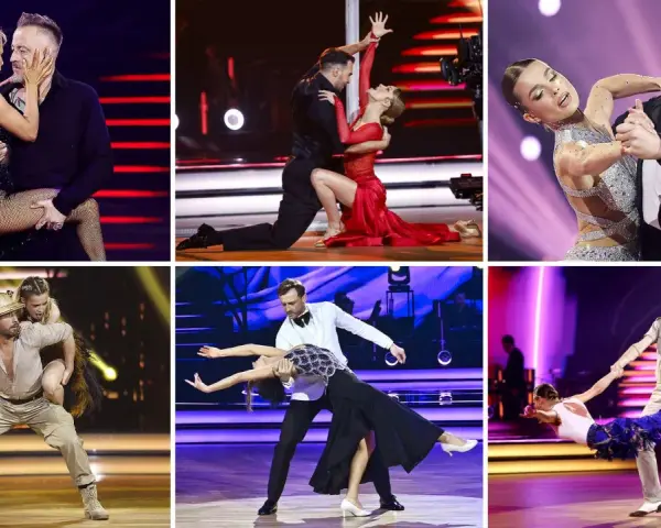 Pary tańczące w rytm piosenek do tańca. Widać ich w różnych stylizacjach i układach choreograficznych na scenie.