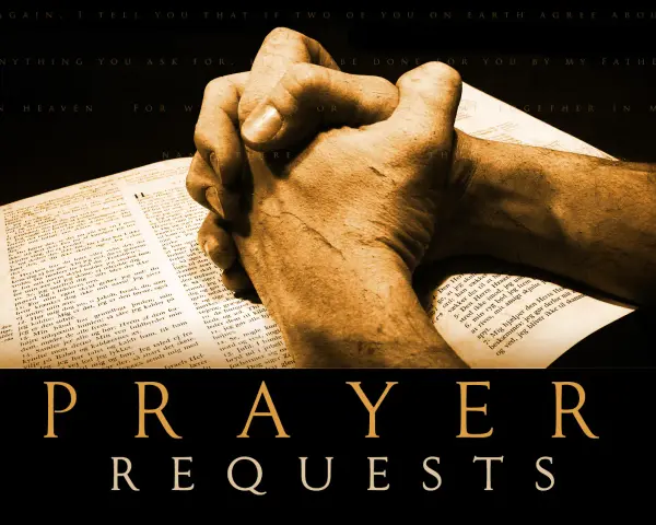 Hands clasped in prayer over an open Bible, with "PRAYER REQUESTS" displayed below.