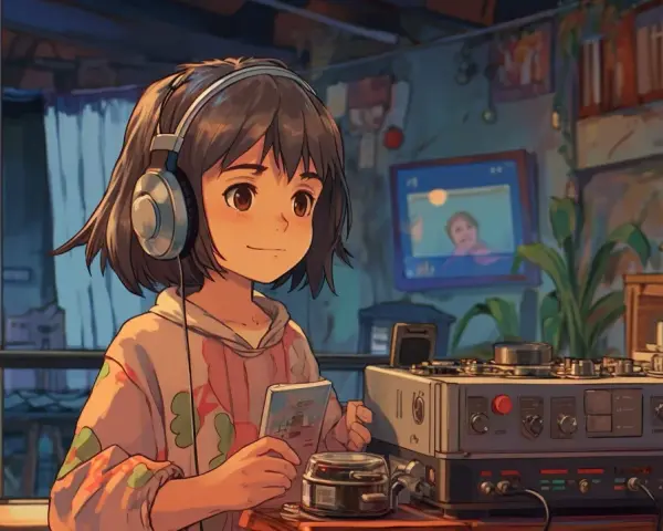 Une jeune fille avec des écouteurs profite d'une ambiance lo fi, tenant un livre et regardant un écran.