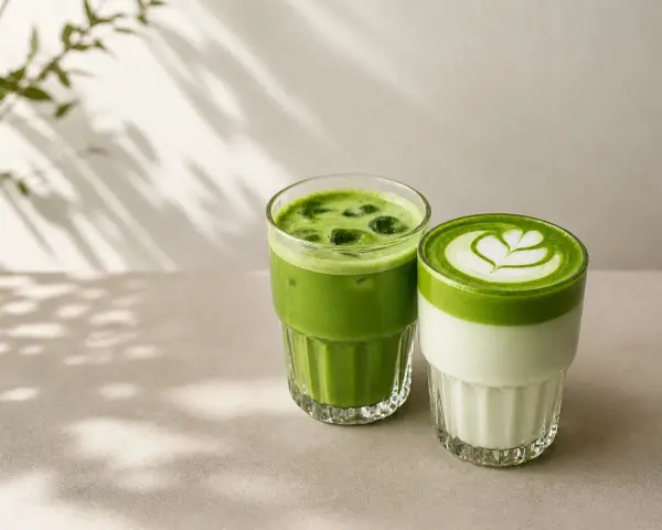 Dwa orzeźwiające napoje matcha w szklankach. Jeden z lodem, drugi z pianką i wzorem. Idealne, by dowiedzieć się, jak zrobic matche.