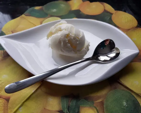 Cremiges Batida de Coco Eis auf einem Blatt-Teller, bereit zum Genießen.