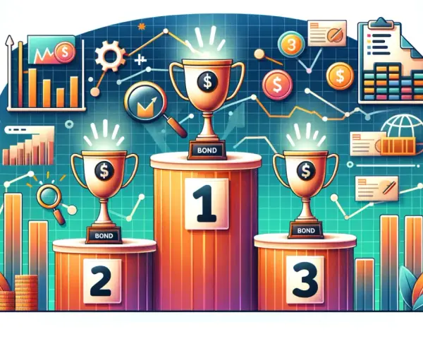 Trzy puchary na podium z numerami 1, 2, 3, symbolizujące najlepsze obligacje.