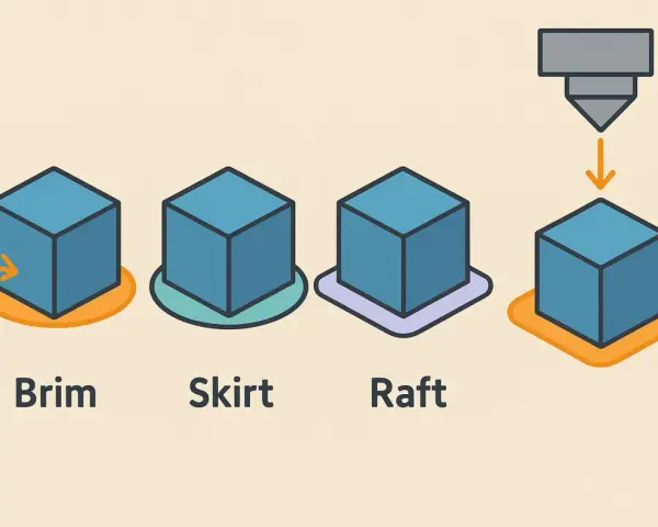 Ilustracja porównuje Brim, Skirt i Raft – elementy pomocnicze w druku 3D. Raft tworzy szeroką, płaską podstawę pod model.