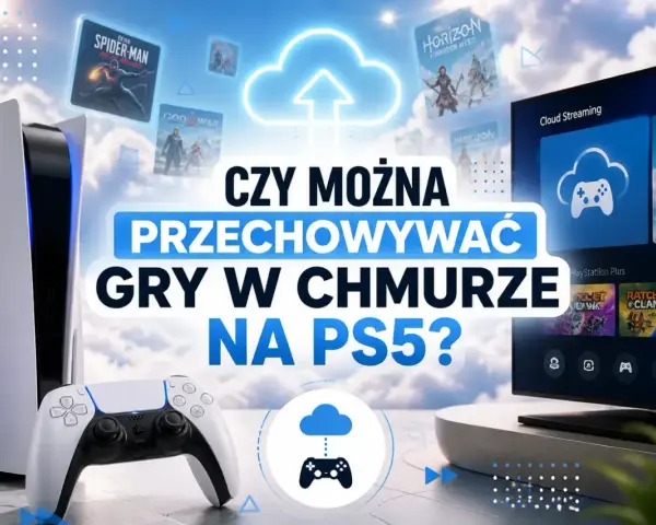 Konsola PS5, kontroler i ekran z grami w chmurze. Czy gry na PS4 działają na PS5? Sprawdź, jak przechowywać gry w chmurze na PS5.