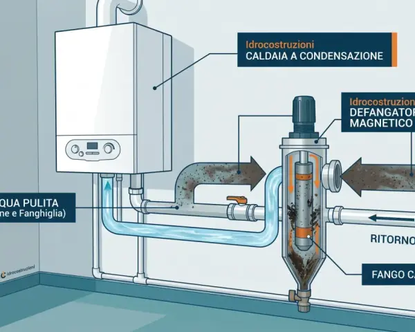Il defangatore magnetico ciclonico serve a rimuovere ruggine e fanghiglia dall'acqua della caldaia, garantendo un ritorno impianto pulito.
