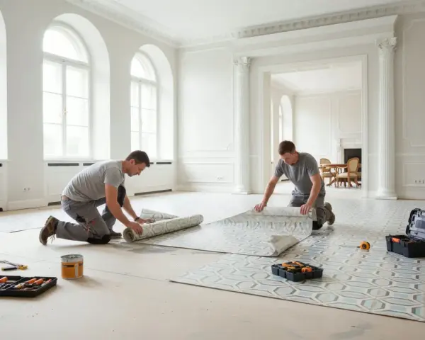 Due operai impegnati nella posa linoleum in un elegante salone con grandi finestre.