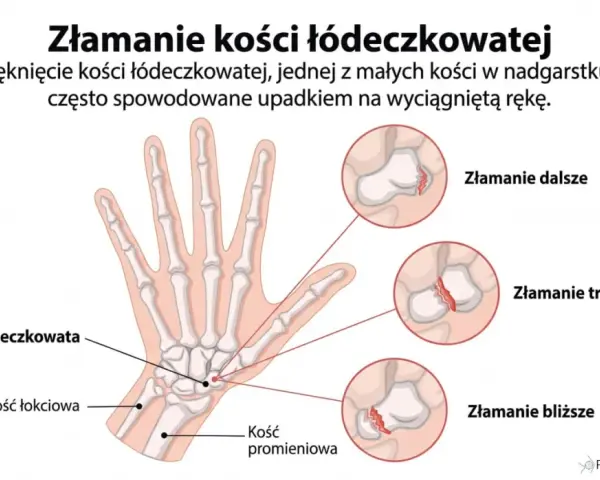 Ilustracja pokazuje złamanie kości łódeczkowatej nadgarstka, z zaznaczonymi miejscami pęknięcia: dalszym, trzonu i bliższym.