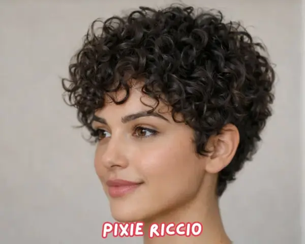 Tagli capelli corti ricci sbarazzini, un pixie cut voluminoso e definito che incornicia il viso con naturalezza.