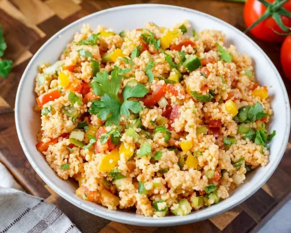 Bunter Couscous-Salat mit Tomaten, Paprika und frischer Petersilie, garniert mit einem Petersilienblatt.