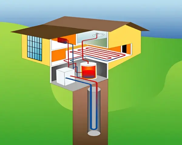 Sistema de geotermia vertical que calienta una casa mediante un circuito subterráneo y radiadores.