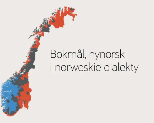 Mapa Norwegii z zaznaczonymi obszarami używania bokmål, nynorsk i norweskich dialektów.