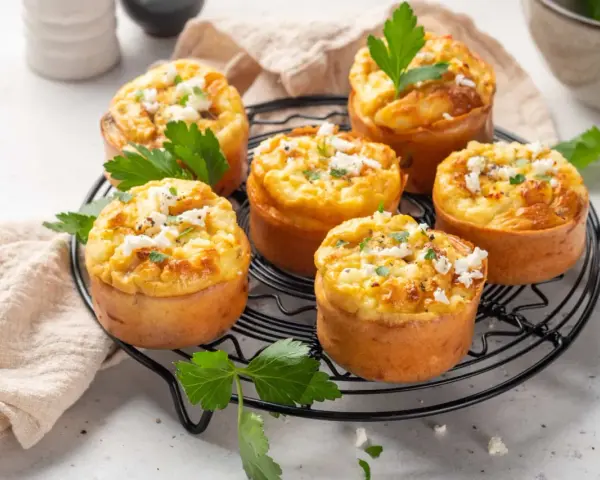 Six suprêmes soufflés accompagnements dorés, garnis de fromage blanc et persil, sur une grille.