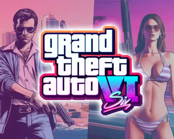 El logo de Grand Theft Auto VI con un hombre armado y una mujer en bikini. ¡Todos preguntan: que dia sale el GTA 6!