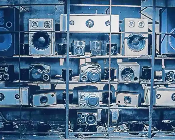 Regale voller Lautsprecher, die an die lofi bedeutung von entspannter Musik erinnern.