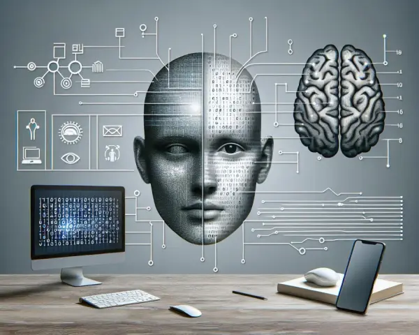 Cyfrowa twarz z kodem binarnym, mózg i ikony technologii. Rozpoznawanie twarzy (face id) w erze sztucznej inteligencji.
