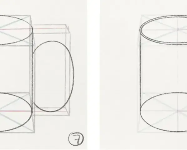 Deux croquis de tasses, montrant le type de perspective utilisé pour représenter les formes cylindriques et leur anse.