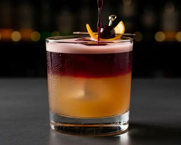 En vackert lagerdelad New York Sour med en körsbärs- och apelsinskalgarnering.