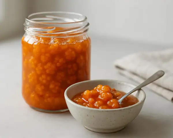 En burk och en skål med gyllene hjortronsylt. Perfekt för ditt hjortronsylt recept.