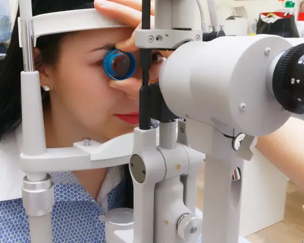 Kobieta podczas badania dna oka przy użyciu specjalistycznego sprzętu. Okulista dokładnie sprawdza wzrok pacjentki.
