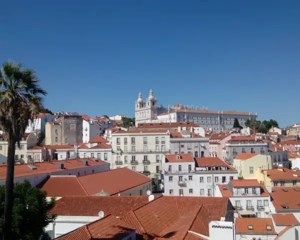 Słoneczna Portugalia, pogoda w lutym zachwyca. Widok na Lizbonę z palmą i kościołami na wzgórzach.