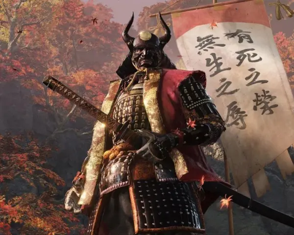 Guerrero samurái con armadura y katana, listo para la batalla. El espíritu de Sekiro no defeat se siente en el aire otoñal.